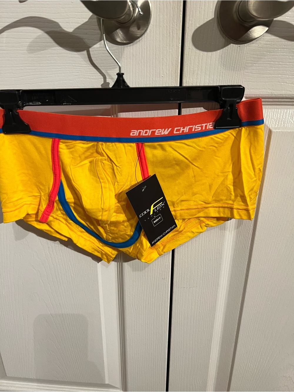 Andrew Christian Yellow Briefs with Red Waistband and Blue Trim